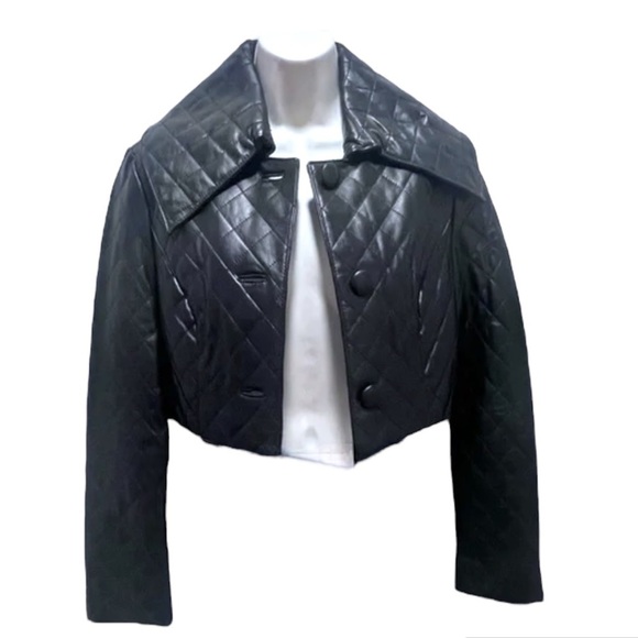 Vintage Bebe leather jacket, cropped, diamond quilt, exagerated collar, black,XS - Picture 2 of 12